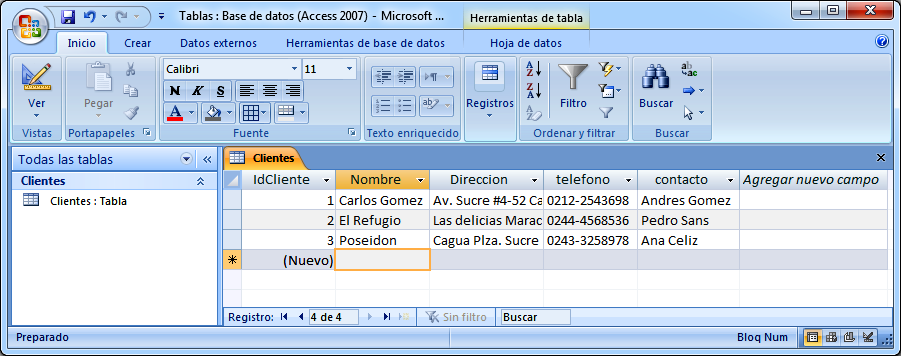 Tabla Clientes datos